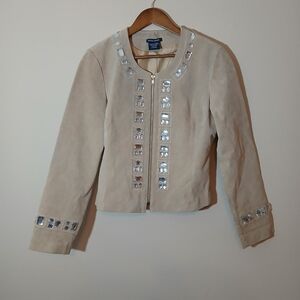 Boston Proper Bejeweled Jacket Womens 12 Tan Leather Suede Zip Up Long Sleeve